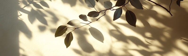 Aufkleber - A serene image of leaves casting intricate shadows on a softly lit wall, creating an artistic interplay of nature and light.