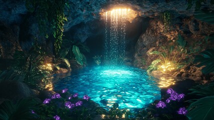 Wall Mural - a hidden waterfall flows into a still pool of water in a tropical cave with lush greenery.