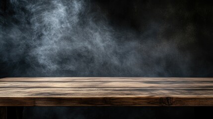 Canvas Print - Wooden table with smoke on dark background for product display