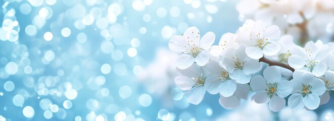 Wall Mural - white flowers on a blue bokeh background.