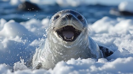 Wall Mural - A playful seal pup with open mouth, looking directly at the camera, emerges from the icy water.