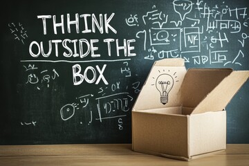 Poster - An open cardboard box with a light bulb drawn on the inside, sitting in front of a chalkboard with the phrase 