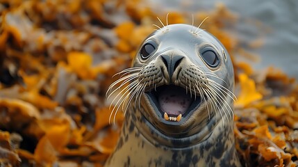 Wall Mural - A harbor seal with its mouth open wide, showing its teeth, is surrounded by kelp.