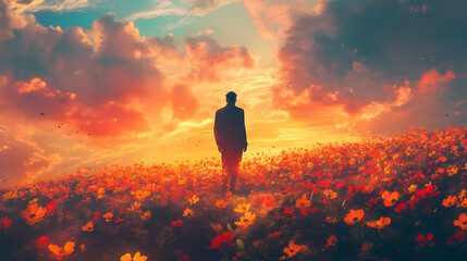 Wall Mural - A man alone in flower field. concept art of happiness, lonely, hope, travel and summer, conceptual painting. 3d illustration. surreal artwork. Surreal Portraiture. Illustration