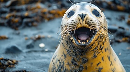 Wall Mural - A harbor seal with its mouth open in a surprised expression.
