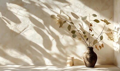 Poster - A minimalist scene featuring a vase with dried leaves casting delicate shadows on a textured wall, creating a serene, tranquil atmosphere.