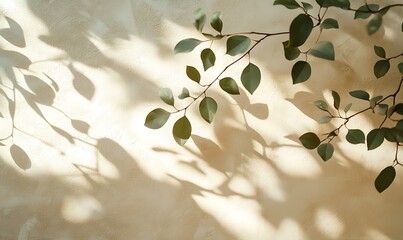 Fototapete - A serene image of green leaves casting delicate shadows against a soft, textured wall, creating an interplay of light and nature.