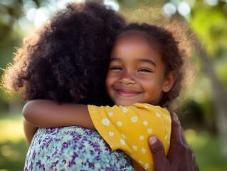 Playful American child hug mom enjoying a sunny afternoon in the park