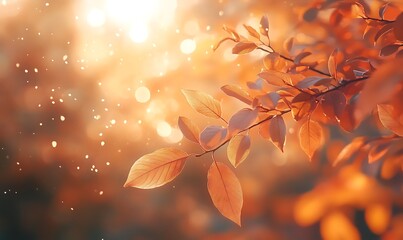 Aufkleber - A serene autumn scene with warm sunlight filtering through orange and golden leaves, creating a tranquil atmosphere.