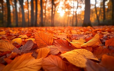 Aufkleber - A serene autumn landscape featuring a carpet of orange leaves under trees illuminated by soft sunlight.