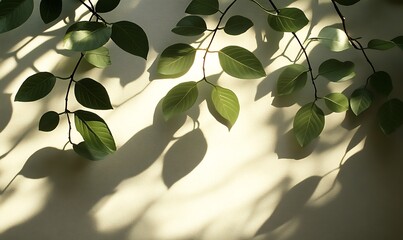 Leinwandbilder - A serene image of green leaves casting delicate shadows on a light-colored wall, creating a natural, calming effect.