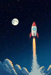 Rocket flying with the moon on starry sky background illustration with copy space