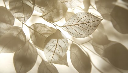Fototapete - Delicate leaves create intricate shadows against a soft background, highlighting their textures and forms in a serene composition.