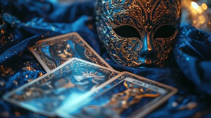 tarot and Gothic mask resting on a velvet cloth, intricate patterns in sharp focus, with moody lighting and blurred background, Dynamic colors, copy space for text,