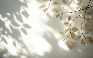 Leinwandbilder - A soft, minimalist image featuring delicate shadows of leaves cast against a textured white wall, creating an airy and serene atmosphere.