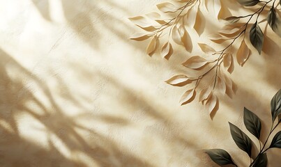 Aufkleber - A serene beige background with shadowy silhouettes of leaves, creating a soft, calming aesthetic.
