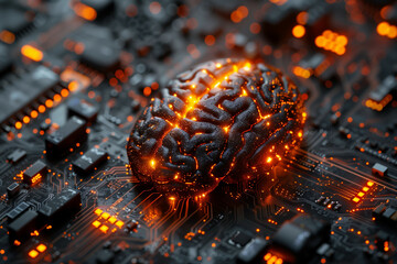Wall Mural - stunning visual of a human brain on a circuit board illuminated by glowing orange lights, symbolizin