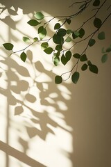 Leinwandbilder - A serene composition of green leaves casting intricate shadows on a soft, light-colored wall.