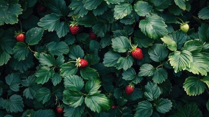 Lush Strawberry Plants with Ripe Red Berries in a Vibrant Green Garden Setting