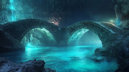 Wall Mural - a magical underwater cave with glowing water and a stone archway leading to a hidden staircase.