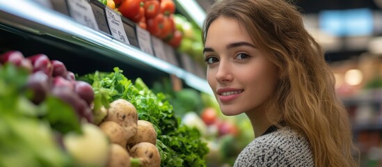 Sticker - A young woman smiles while looking over her shoulder as she shops for produce in a supermarket.