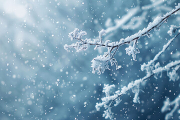 Canvas Print - Snow on a branch with blooming pink flowers.