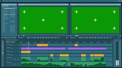 Video editor software interface used for masking clips over green screens during media production. Filmmaking application UI showing mockup chroma key footage being modified