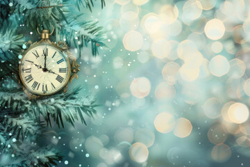 Poster - A clock hanging on a Christmas tree, surrounded by colorful ornaments and twinkling lights.