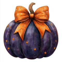 A whimsical dark purple pumpkin adorned with an orange bow featuring star patterns, embodies the spirit of Halloween and autumn in a charming retro illustration.