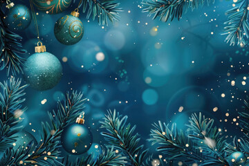 Poster - Christmas background with blue and gold ornaments, adding a festive touch to the room with glowing lights and a beautifully decorated tree.