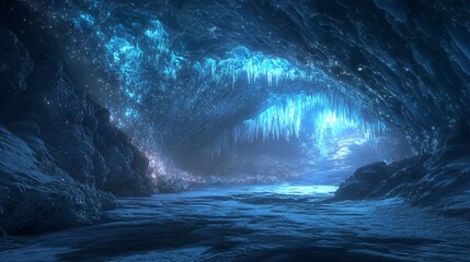 Wall Mural - a mysterious, glowing blue cave with icicle formations and a path leading into the darkness.