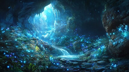 Wall Mural - a mystical blue glow illuminates a lush cave with a waterfall.