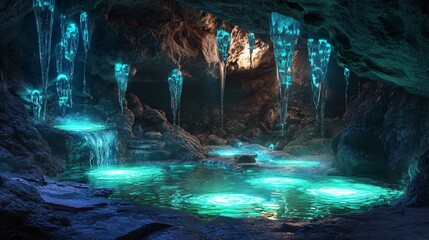 Wall Mural - a mysterious, glowing cave with a pool of water and glowing icicles hanging from the ceiling.