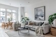 © adri - Modern living room with gray sofa, abstract painting, and potted plants.
