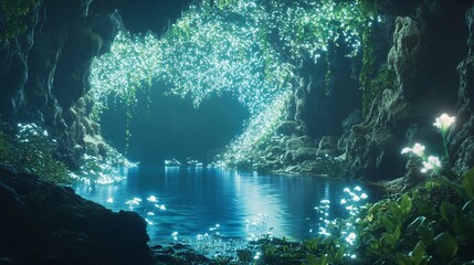 Wall Mural - a mystical cave opening with a glowing blue river and white flowers.