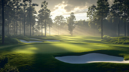 Wall Mural - Serene golf course landscape bathed in morning light.