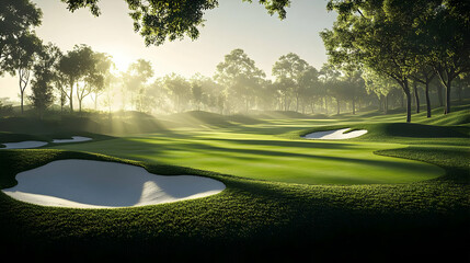 Wall Mural - Serene golf course at dawn with lush greens and sand traps.