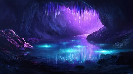 Wall Mural - a mystical cave with a glowing blue river and purple stalactites hanging from the ceiling.