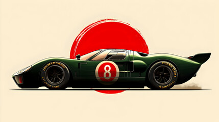 Side view of a classic racing car with a red circle background.