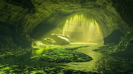 Wall Mural - a mystical cave with a river flowing through it. the cave is lit by sunlight streaming through the e