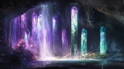 Wall Mural - a mystical cave with a waterfall and glowing crystals.