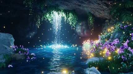 Wall Mural - a mystical cave with a waterfall and glowing fireflies.