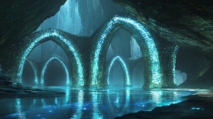 Wall Mural - a mystical cave with glowing arches, a still water lake, and rock walls.