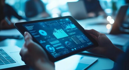 Poster - Person holding a tablet with blue data graphs and charts.