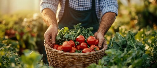 Poster - Farmer holding a basket full of fresh, red tomatoes harvested from his garden.