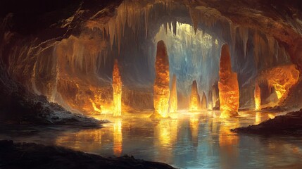 Wall Mural - a mystical cave with golden light illuminating the water and stalagmites.