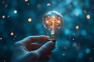 Poster - A hand holding a lit light bulb with glowing filament, against a blue bokeh background.