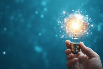 Poster - A hand holding a lit lightbulb with a network of connected dots and lines, against a blue background.