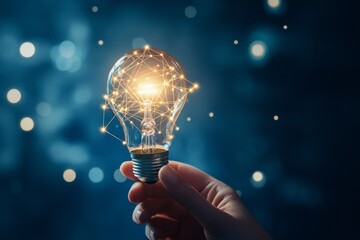 Poster - Hand holding a glowing lightbulb with a network of lines and dots inside on a blue background.