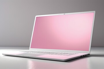 Wall Mural - pink laptop with blank screen on solid background